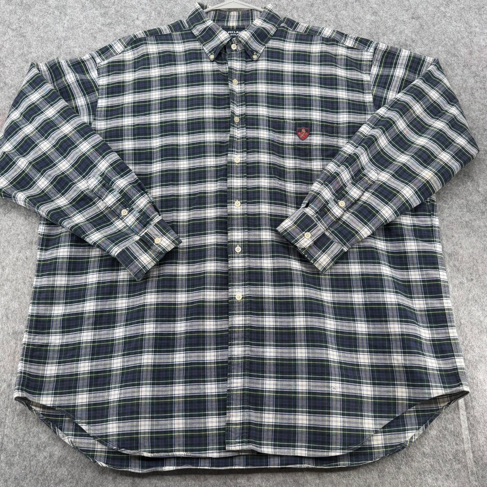Ralph Lauren Golf Mens XL Tilden Plaid Button Down Shirt Navy Green Crest Logo